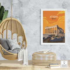 Athens Print Greece Poster featuring the Parthenon, styled vintage travel art for home decor.
