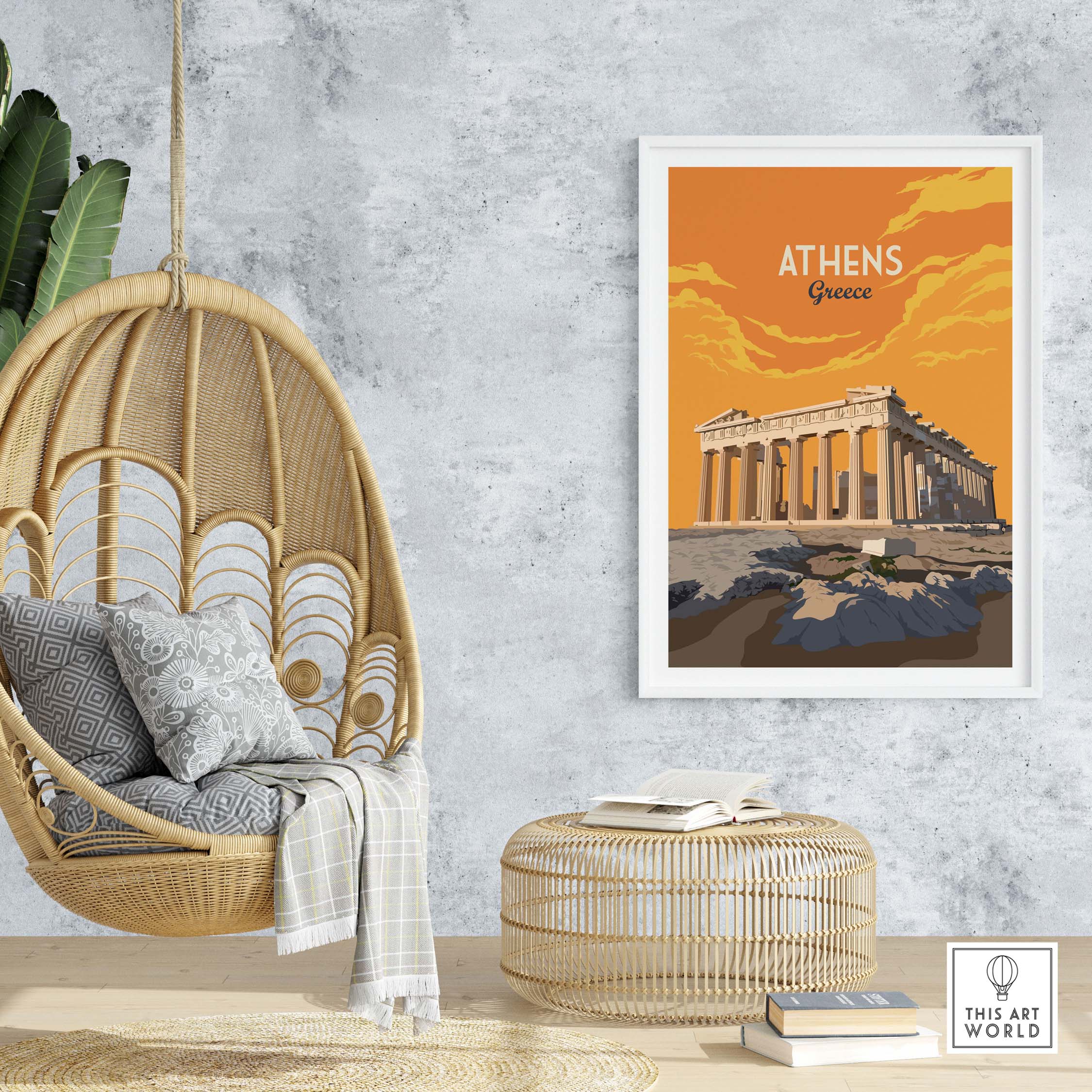 Athens Print Greece Poster featuring the Parthenon, styled vintage travel art for home decor.