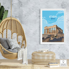 Athens Greece art print featuring the Parthenon in a minimalist style, styled in a home with a hanging chair and decorative items.