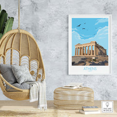 Athens Greece wall art poster featuring the Parthenon in a minimalist style, displayed in a modern interior setting.