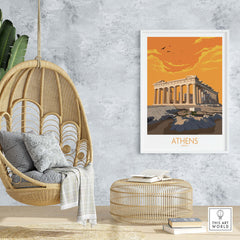 Athens poster featuring the Parthenon in sunset, framed, stylish wall art for home or office decor.