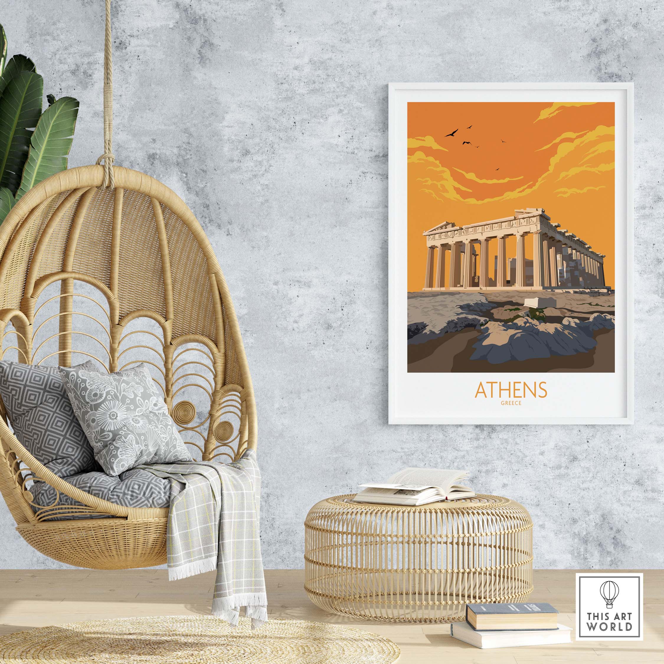 Athens poster featuring the Parthenon in sunset, framed, stylish wall art for home or office decor.