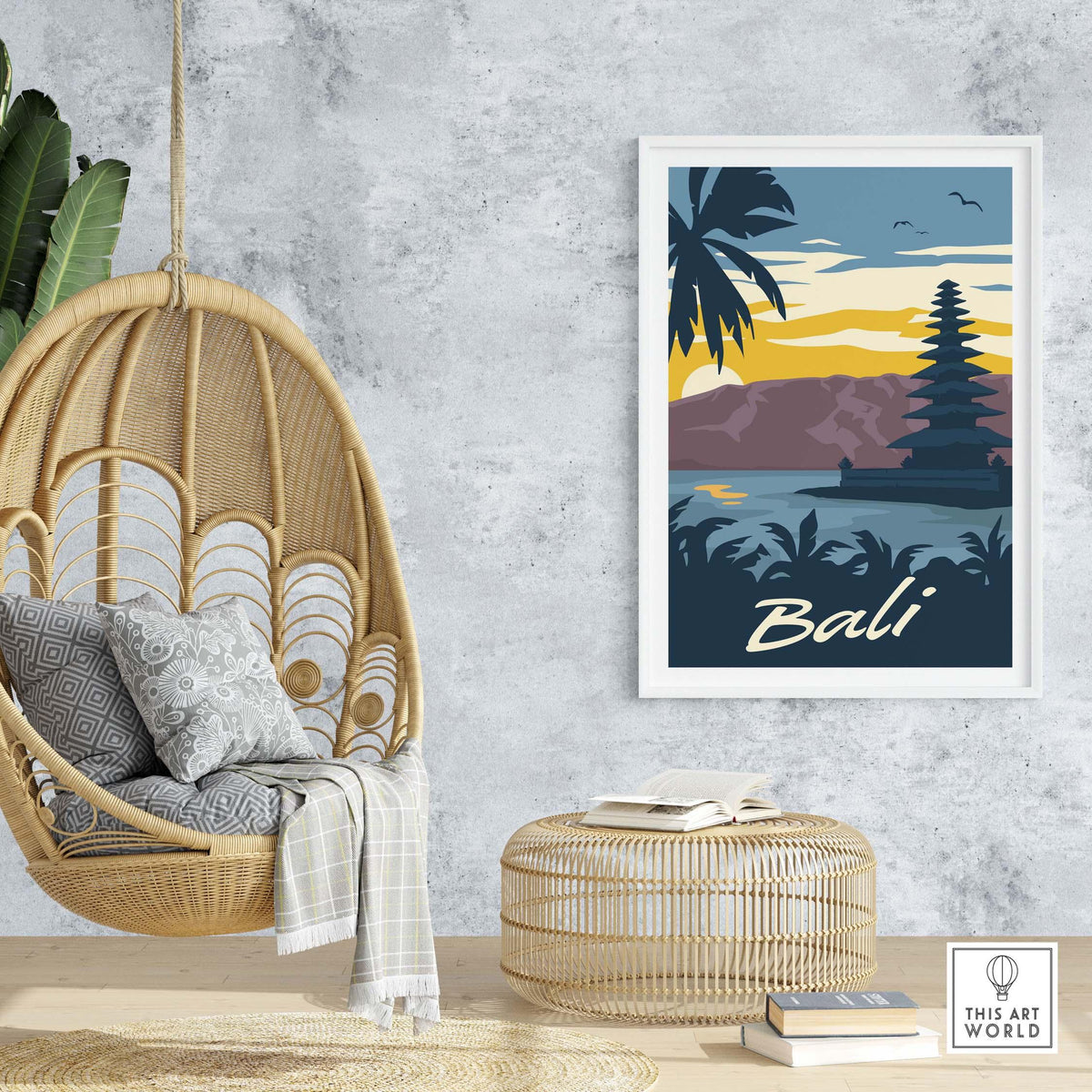 Bali poster wall art print featuring tropical scenery and vibrant colors, displayed in a stylish home setting.