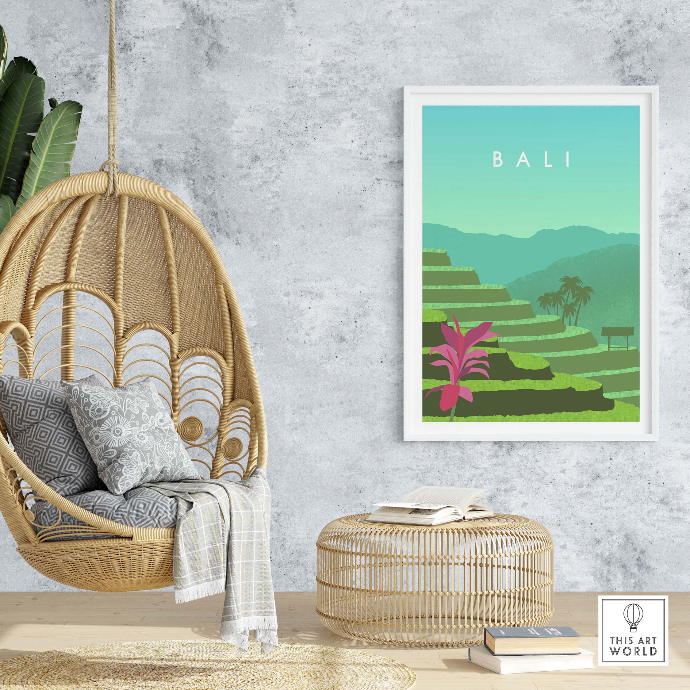 Bali Print Wall Art Poster displayed in a cozy living space with a hanging chair and natural decor.