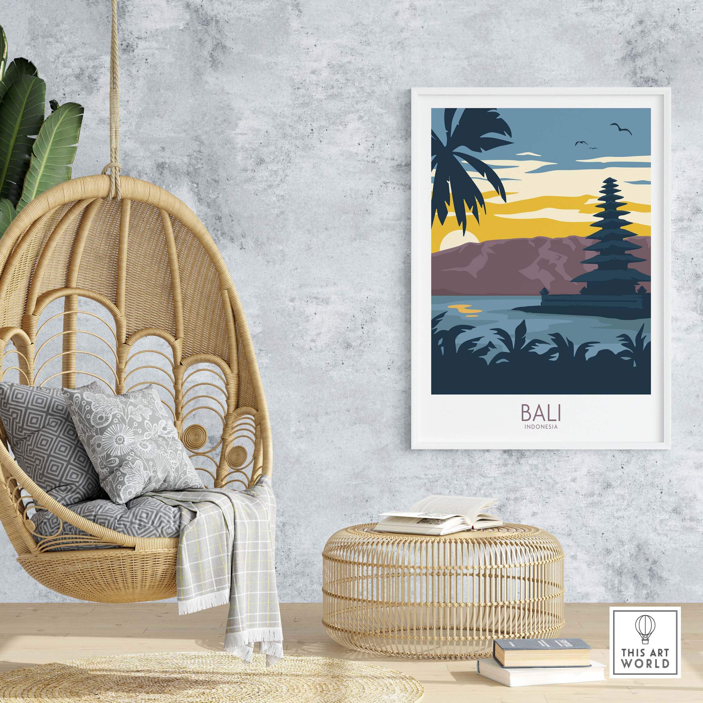 Bali travel poster displayed in a stylish home interior, featuring island art with palm trees and sunset hues.