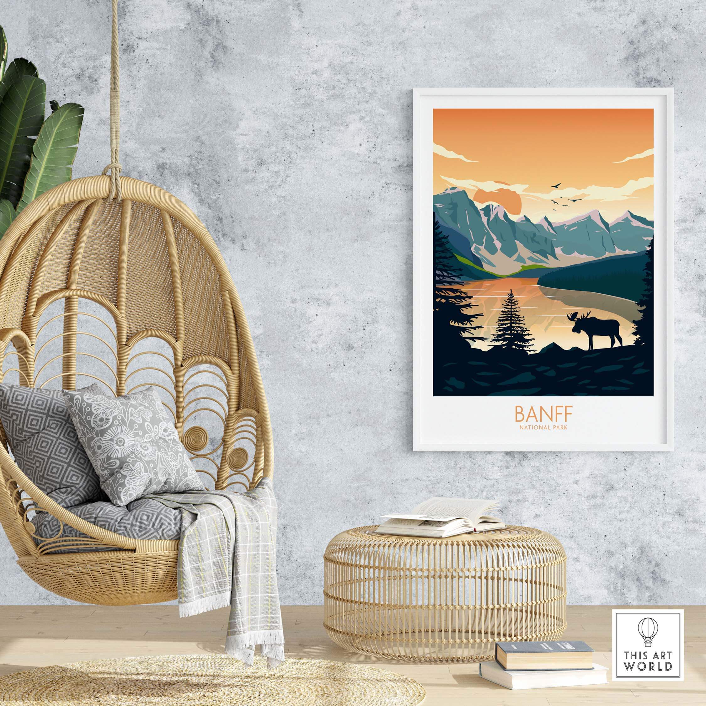 Banff National Park art print in modern style, showcased in a stylish indoor setting with a hanging chair.
