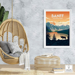 Banff National Park poster in a modern interior featuring a stylish hanging chair and natural decor.