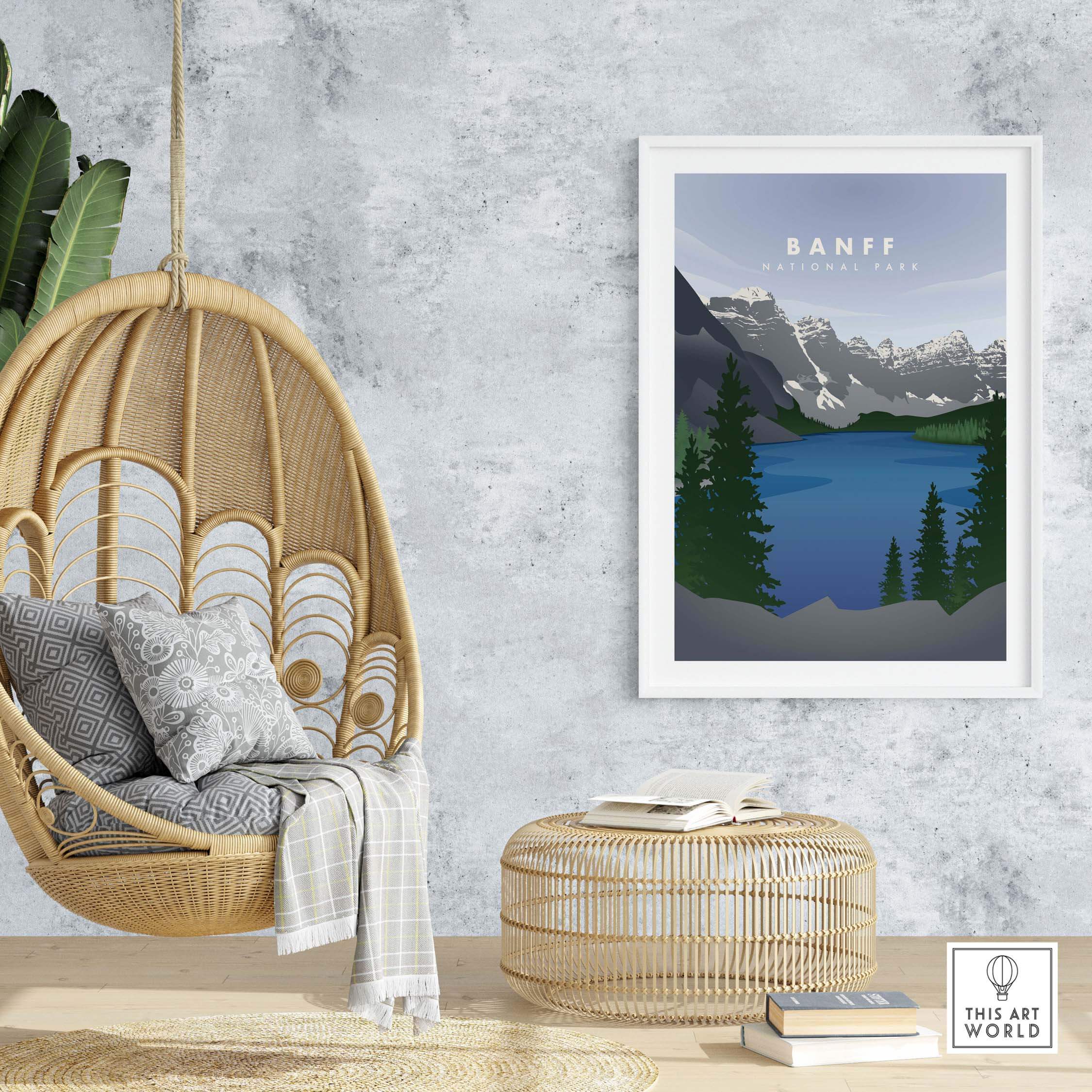 Framed Banff National Park art print showcasing mountains and lake in a stylish room setting with a hanging chair.
