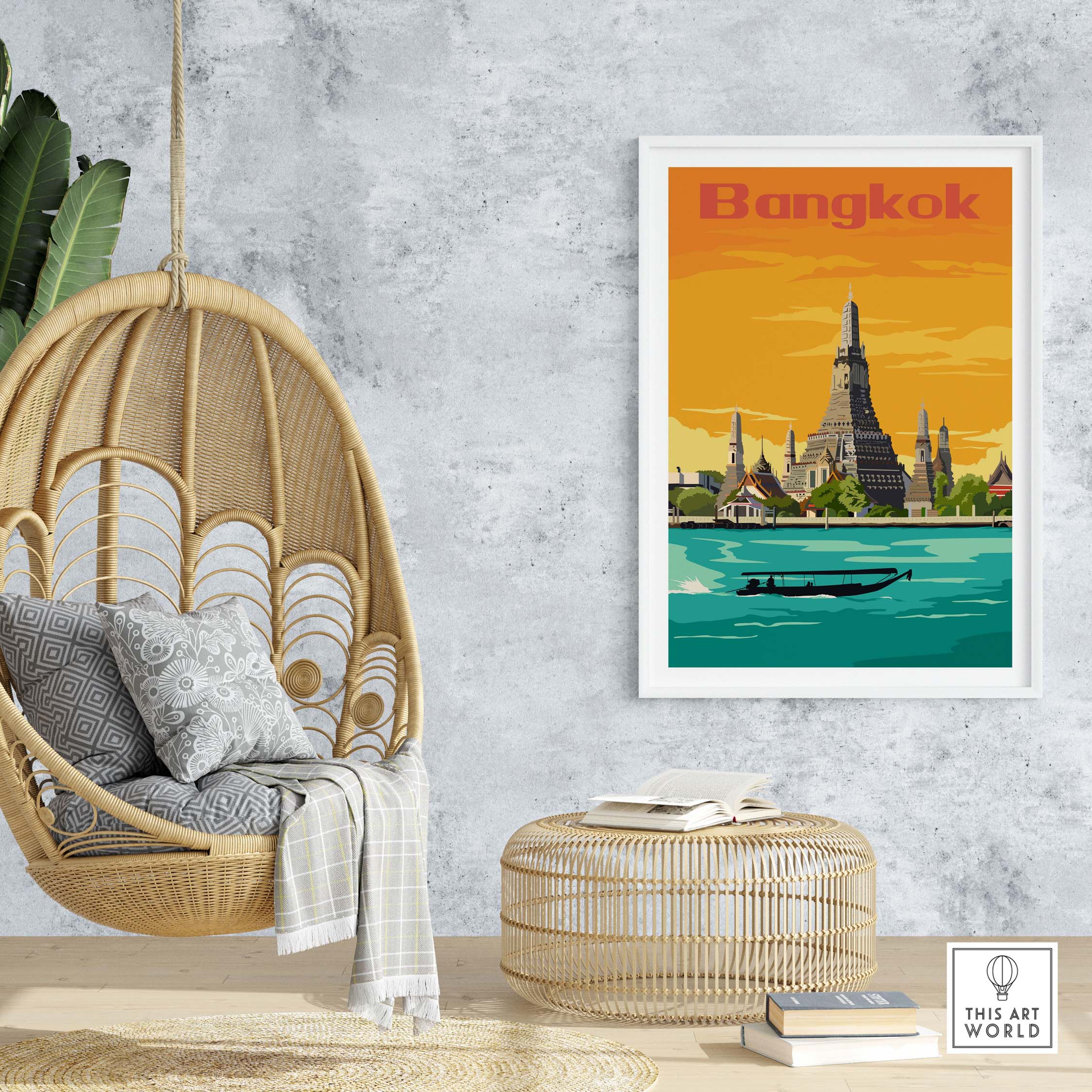Bangkok vintage print poster displayed in a stylish home setting with natural decor elements.