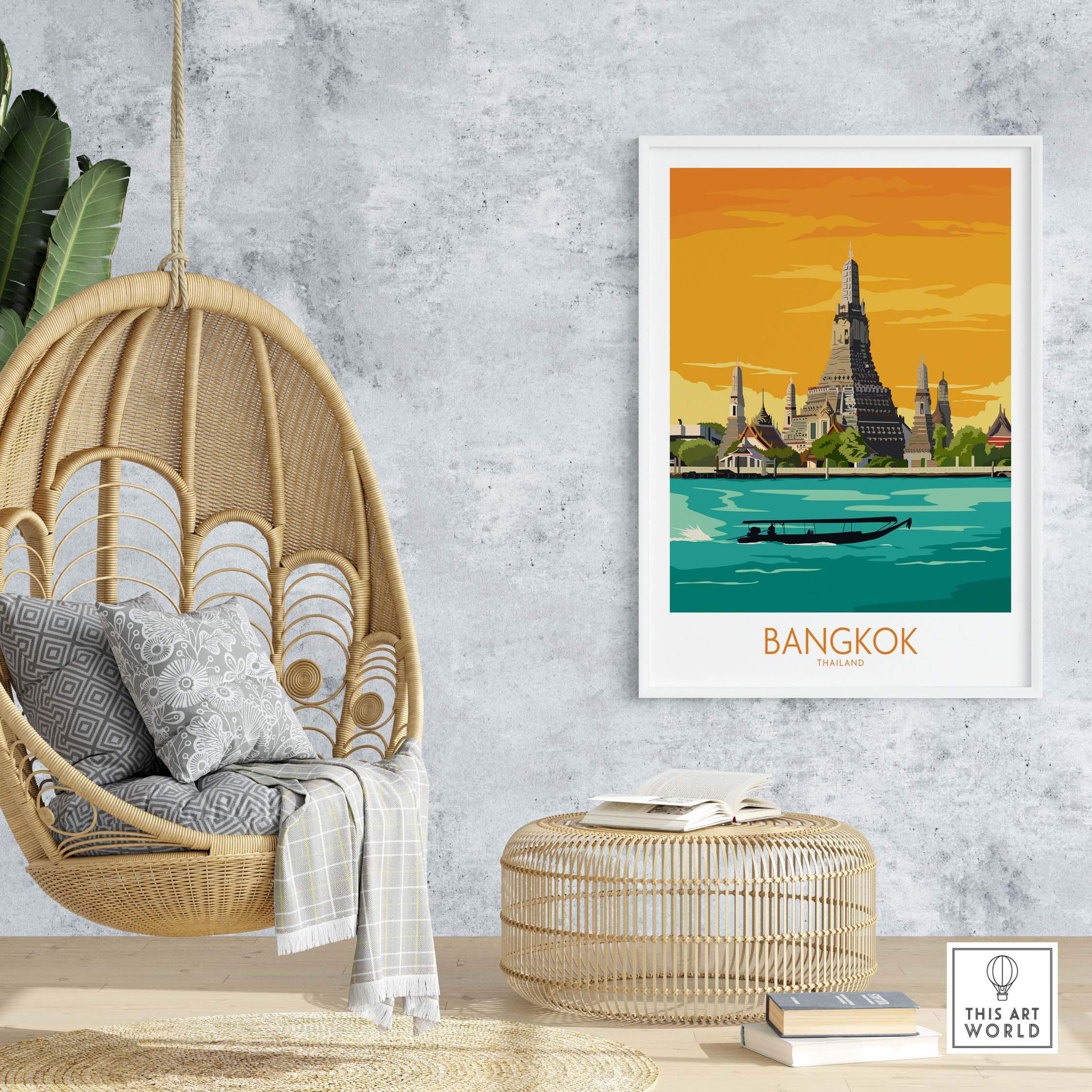 Bangkok travel poster featuring Wat Arun temple, relaxing decor in a stylish living space.