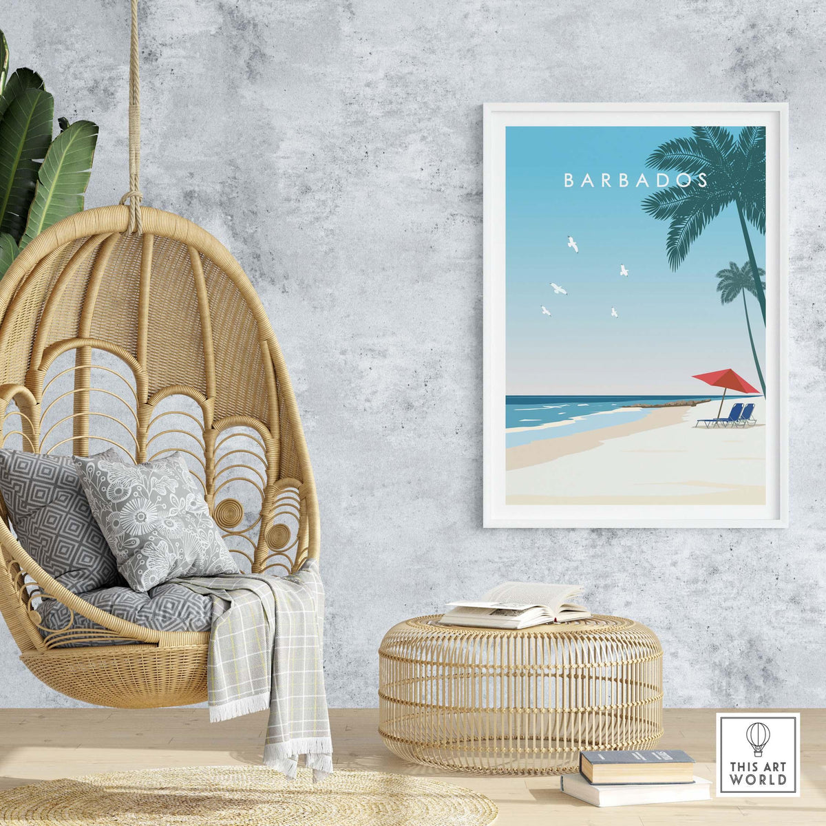 Barbados travel poster art print displayed in a cozy interior with a hanging chair and natural decor.