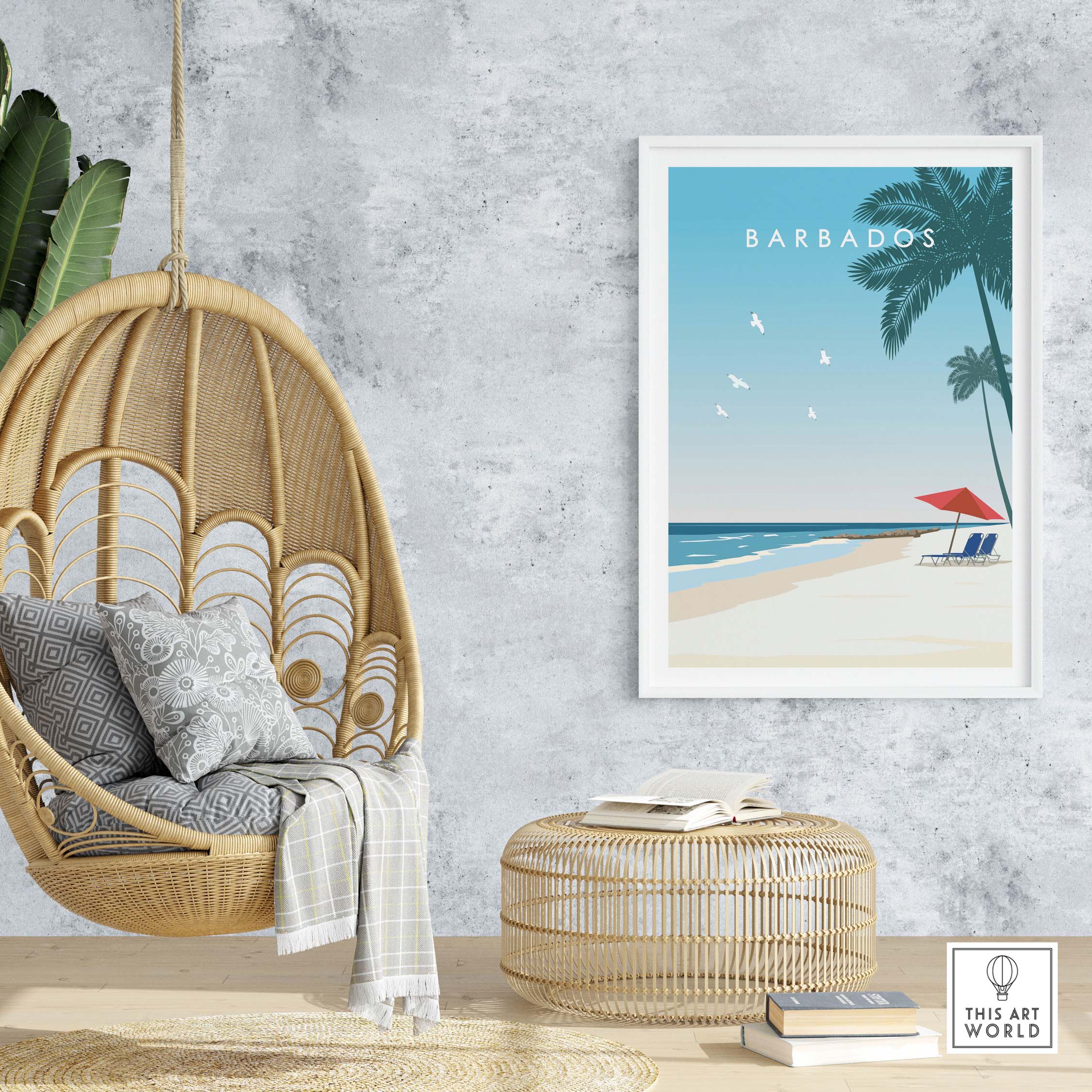 Barbados travel poster art print displayed in a cozy interior with a hanging chair and natural decor.