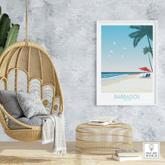 Barbados print in a stylish living room with a hanging chair and natural decor, showcasing travel-inspired wall art.