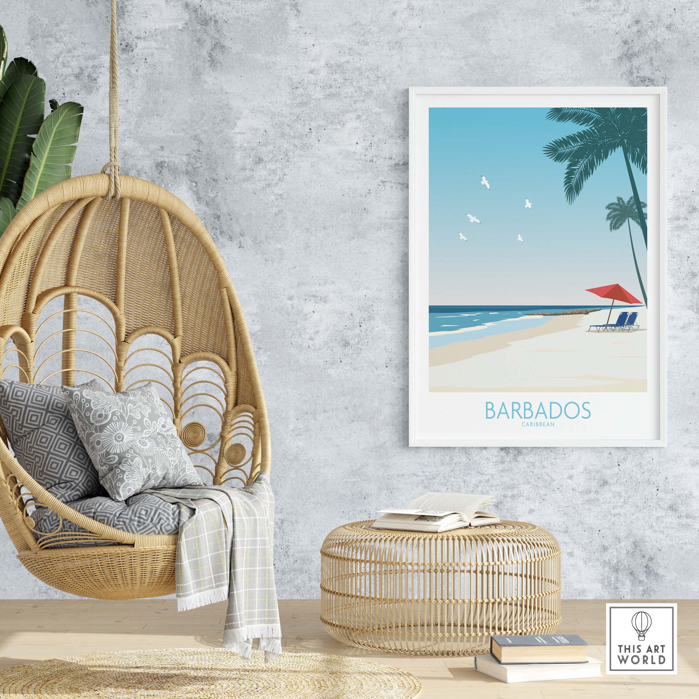 Barbados print in a stylish living room with a hanging chair and natural decor, showcasing travel-inspired wall art.