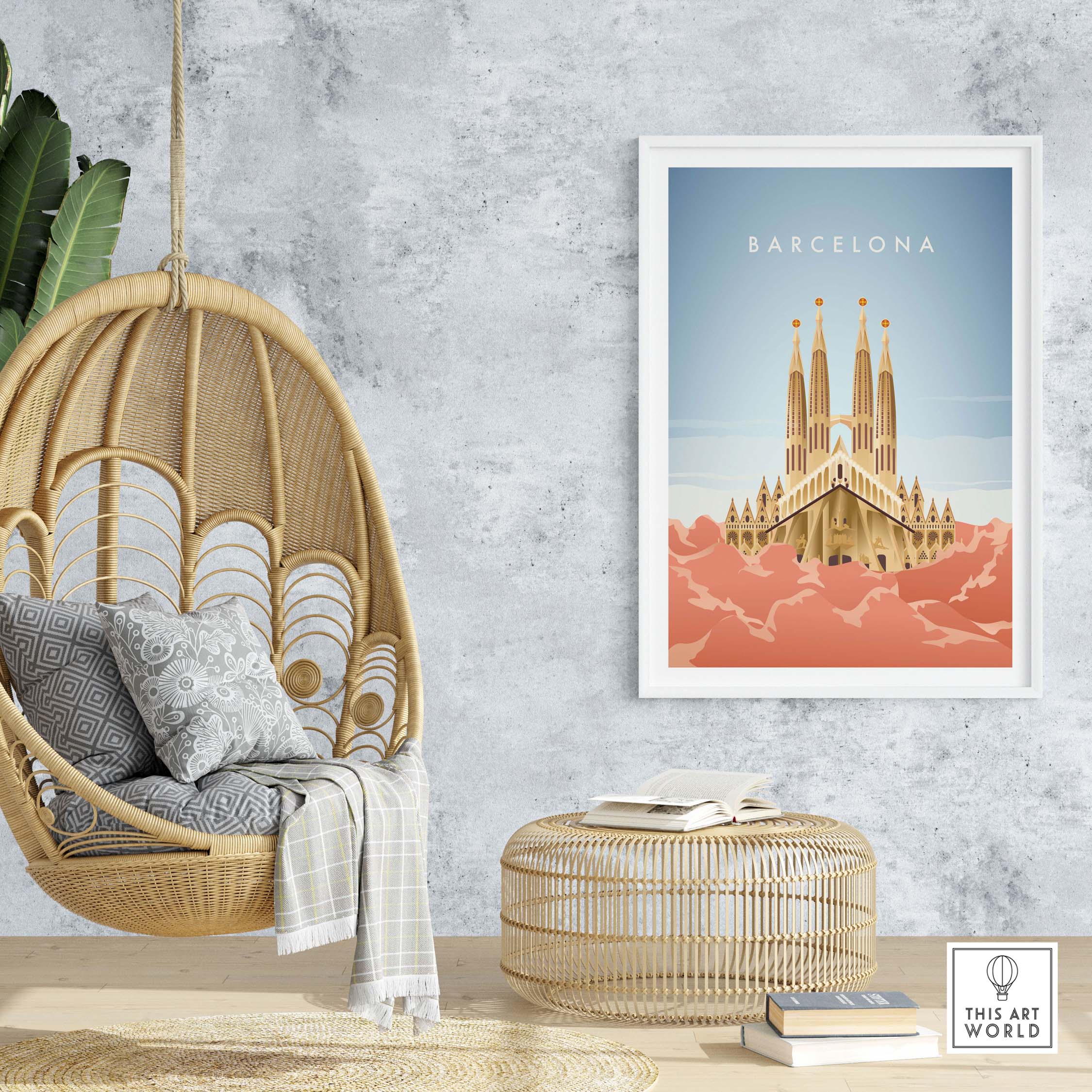Barcelona Wall Art Poster Print showcasing stylish design in a modern home setting with hanging chair and natural decor.