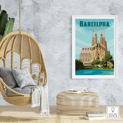 Vintage Barcelona print poster of Sagrada Familia in a stylish home setting with a hanging chair and decorative elements.