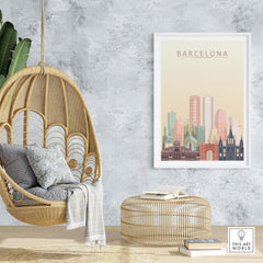 Barcelona skyline print wall art displayed in a modern living space with a cozy hanging chair and natural decor.