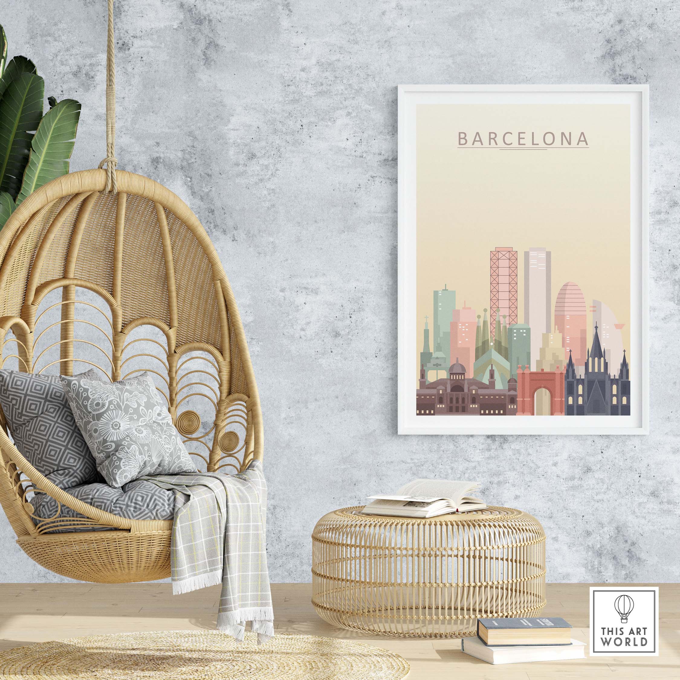 Barcelona skyline print wall art displayed in a modern living space with a cozy hanging chair and natural decor.