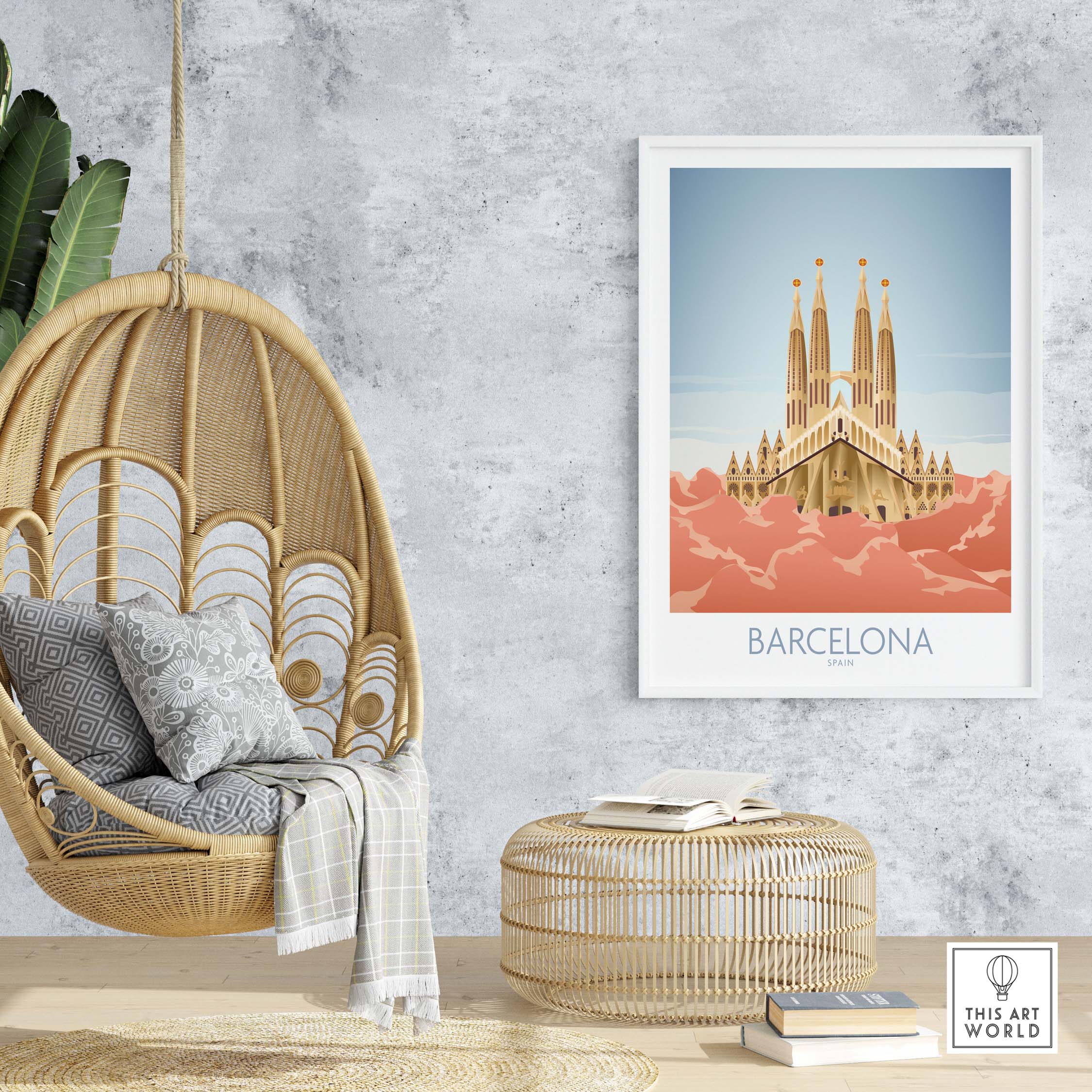 Barcelona Wall Art Print featuring Sagrada Familia, displayed in a stylish interior with a hanging chair and decorative elements.