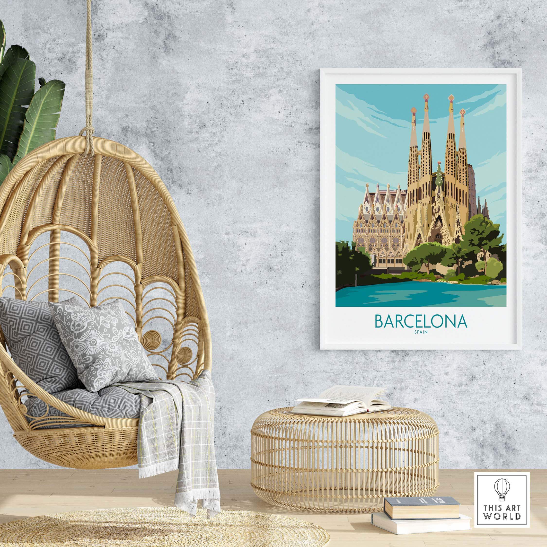 Barcelona poster featuring Sagrada Familia artwork in a stylish home setting with hanging chair.