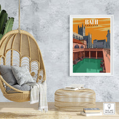 Bath England vintage travel print wall art displayed in a cozy interior with a hanging chair.