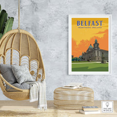 Framed Belfast Print Northern Ireland showcasing vintage-inspired travel art on a stylish wall in a cozy living space.