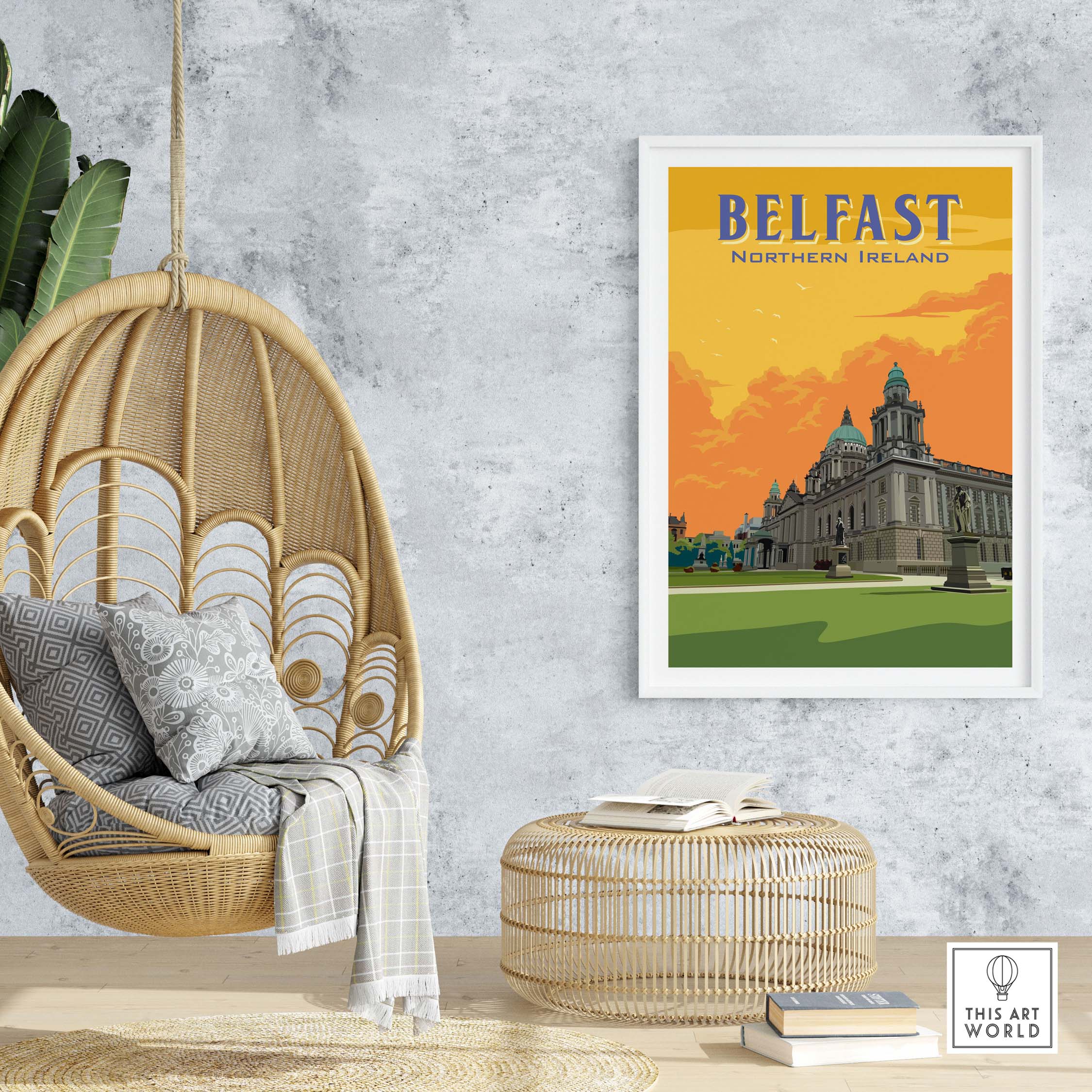 Framed Belfast Print Northern Ireland showcasing vintage-inspired travel art on a stylish wall in a cozy living space.