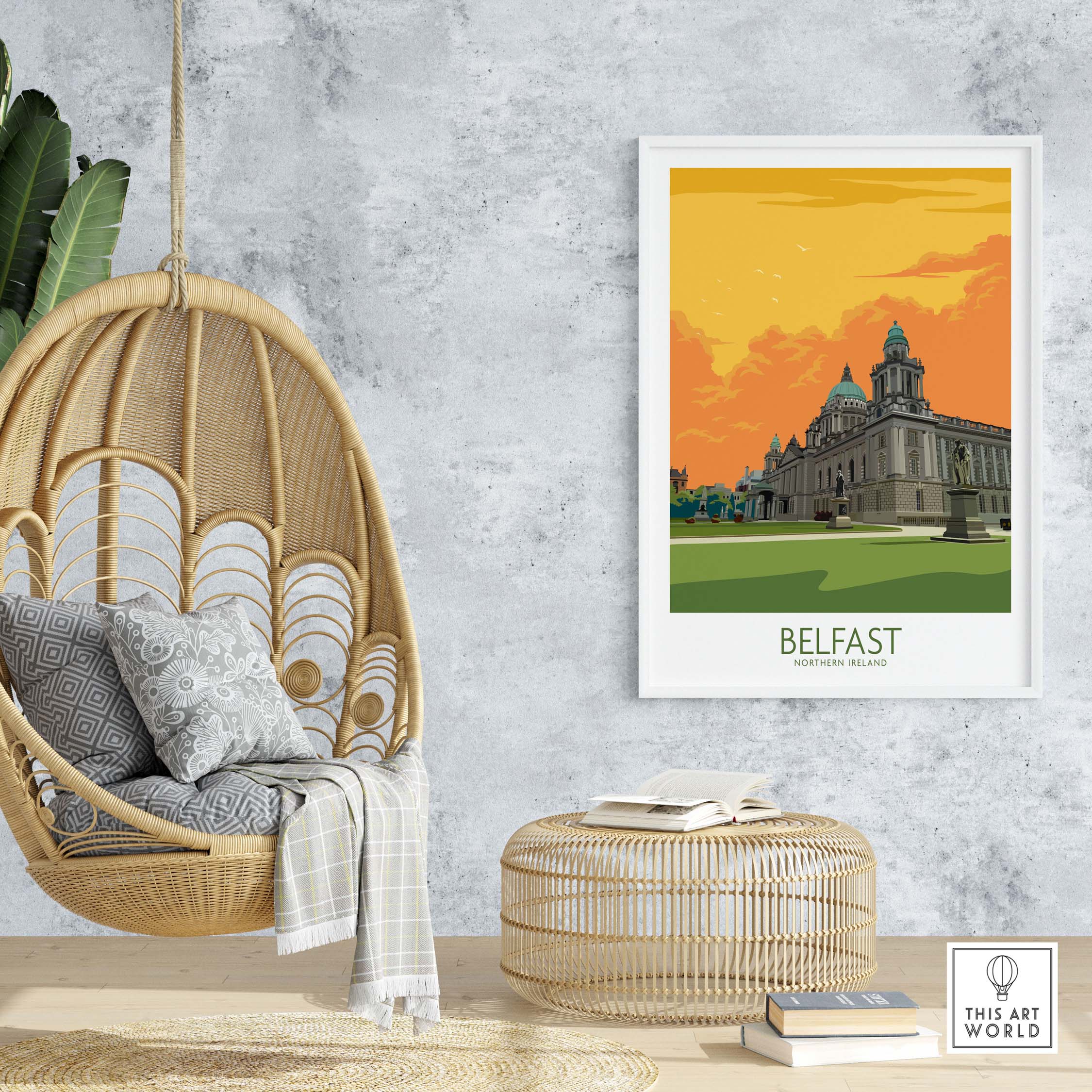 Belfast vintage travel poster displayed in a stylish home setting with hanging chair and decorative elements.