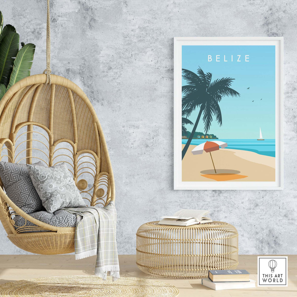 Beautiful Belize Print in a coastal-themed room, featuring palm trees and beach scene, perfect for travel lovers.