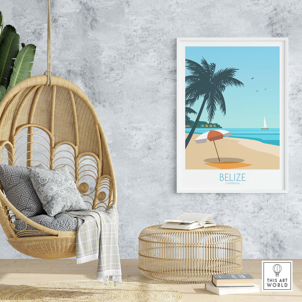 Belize travel poster featuring a beach scene with palm trees and a hanging chair, perfect for home or office decor.