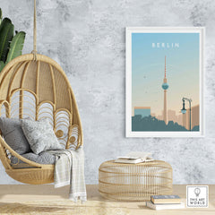 Berlin Print Wall Art Poster in a stylish living room setting with a hanging chair and natural decor.