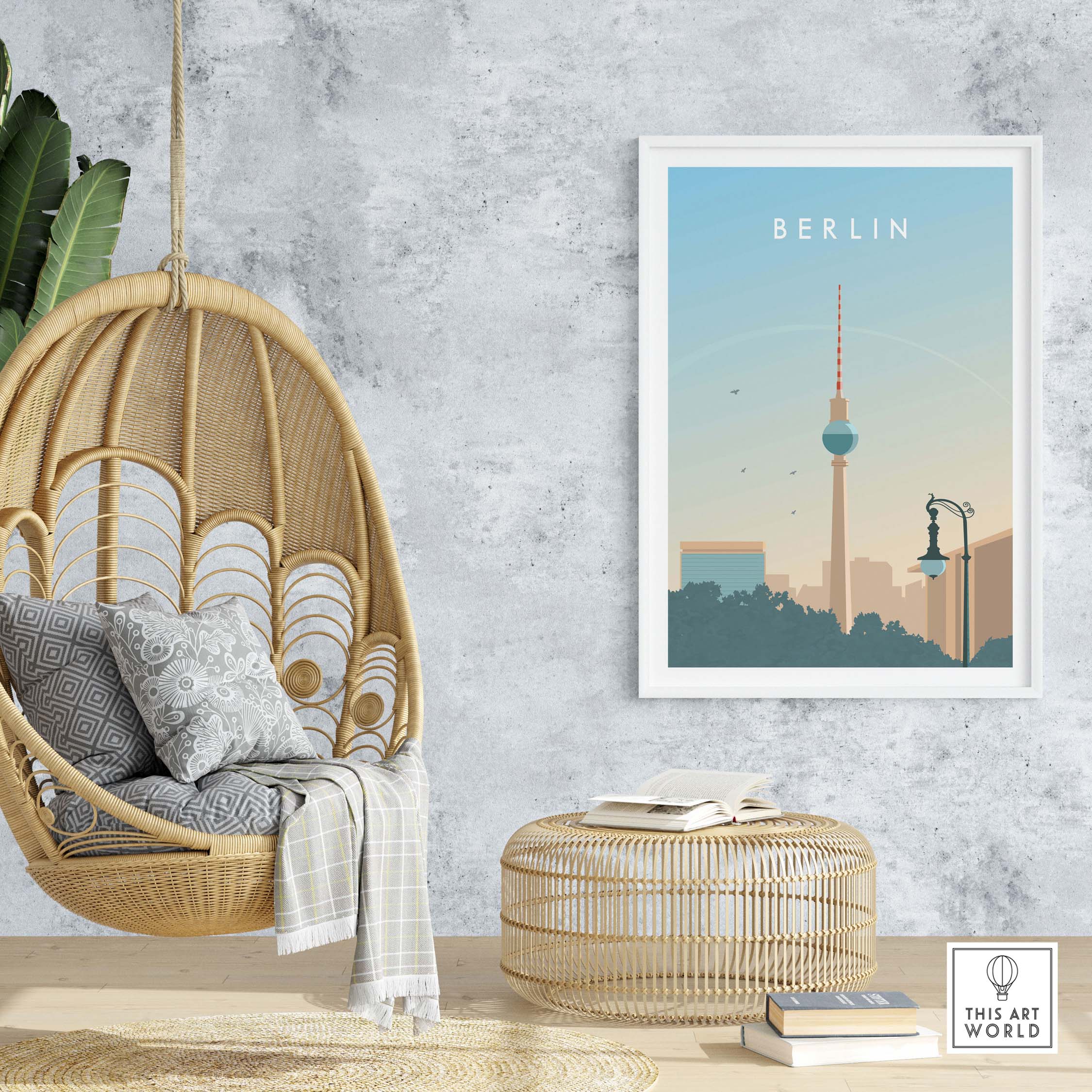 Berlin Print Wall Art Poster in a stylish living room setting with a hanging chair and natural decor.