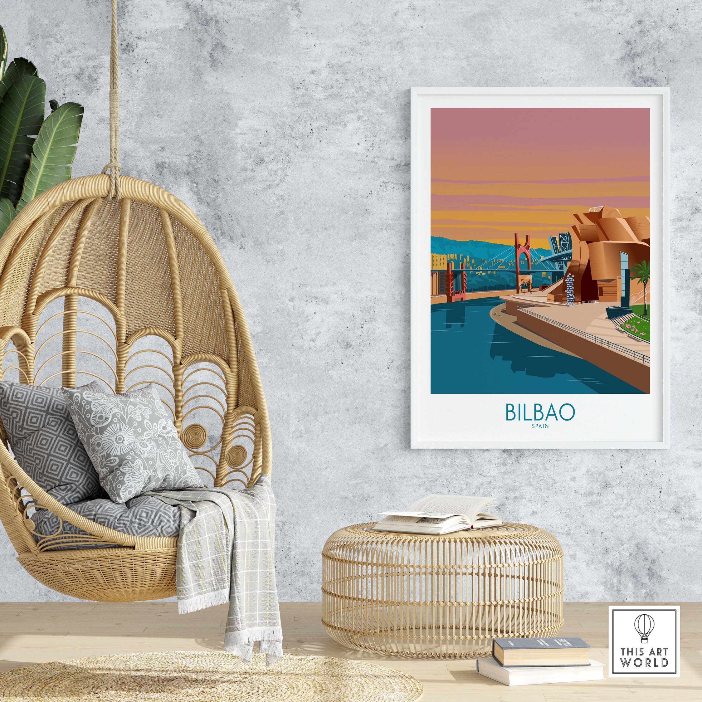 Bilbao poster print in a minimalist decor setting with a hanging chair and woven basket.