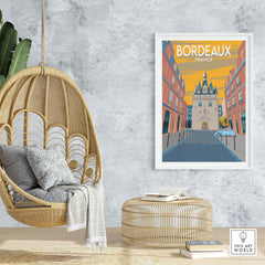Bordeaux Poster Print showcasing vintage art of Bordeaux, France, displayed in a stylish home setting.