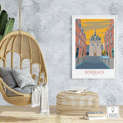 Bordeaux travel poster showcasing historic architecture in a stylish interior setting with modern decor.