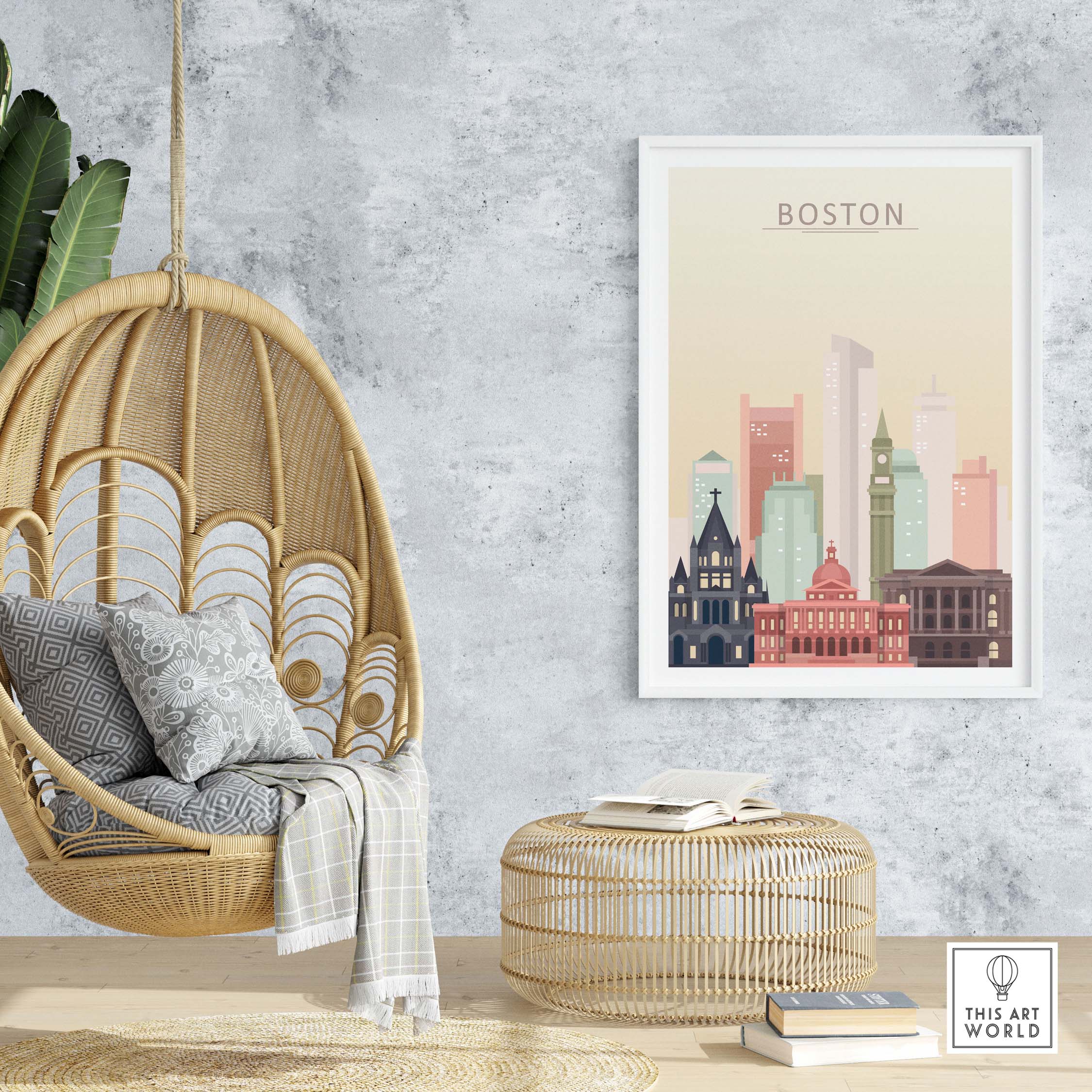 Boston Skyline Poster in warm pastel tones hanging in a stylish living space with a hanging chair and decorative elements.