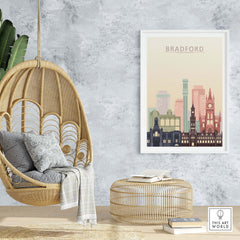 Bradford Print City Skyline Poster displayed in a stylish living room setting with a hanging chair and natural decor.