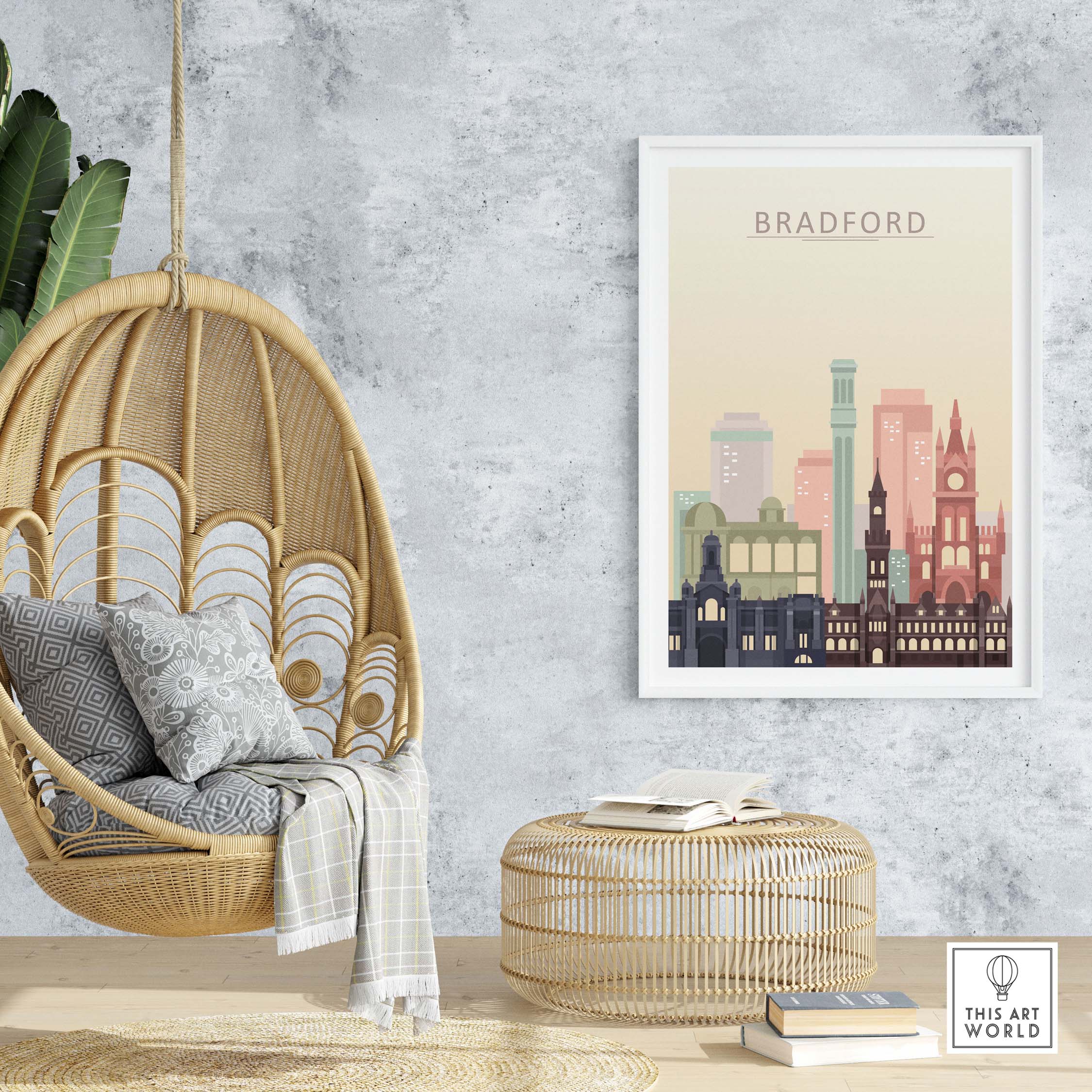 Bradford Print City Skyline Poster displayed in a stylish living room setting with a hanging chair and natural decor.