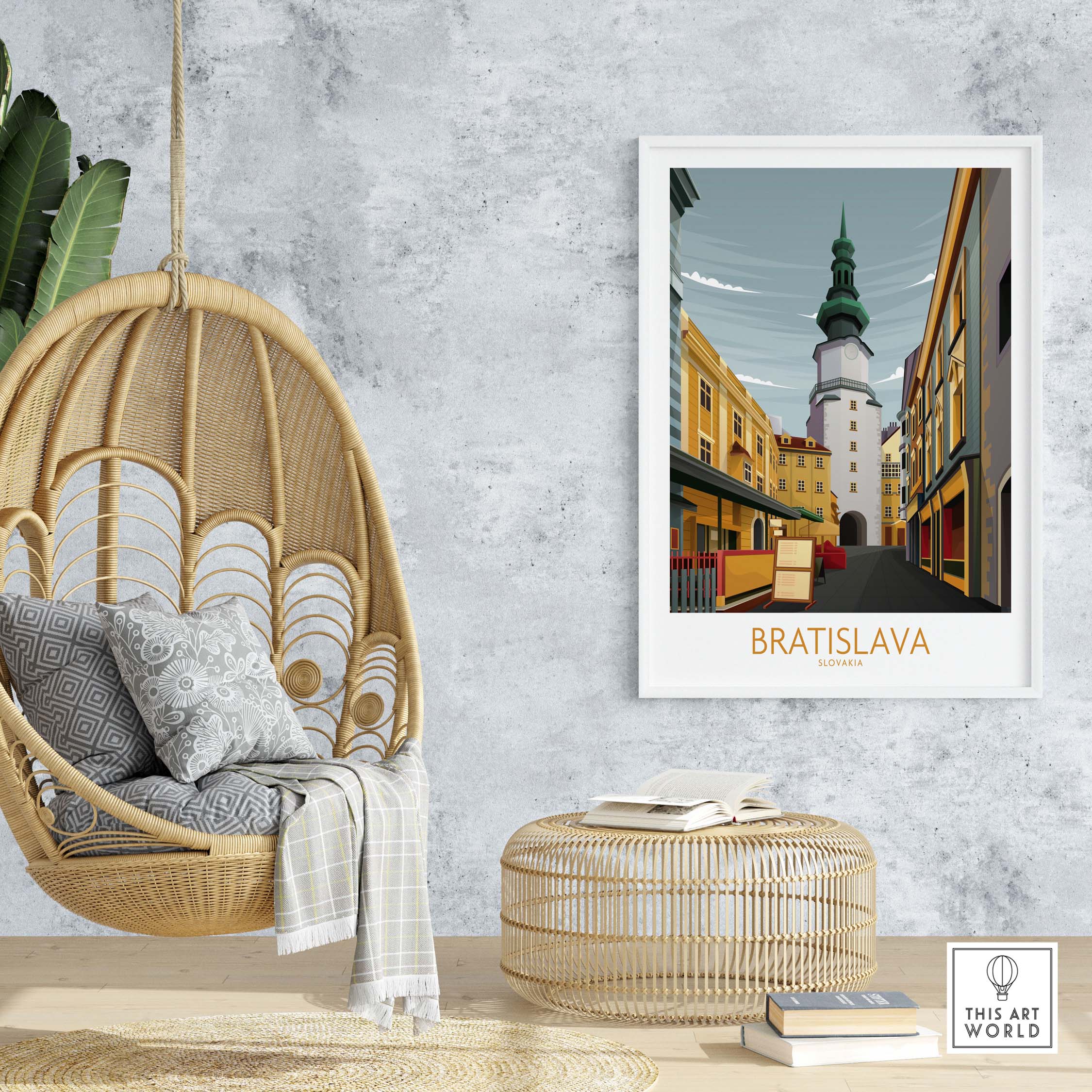 Bratislava art print hanging in a stylish, minimalist room featuring a cozy hanging chair and natural decor.