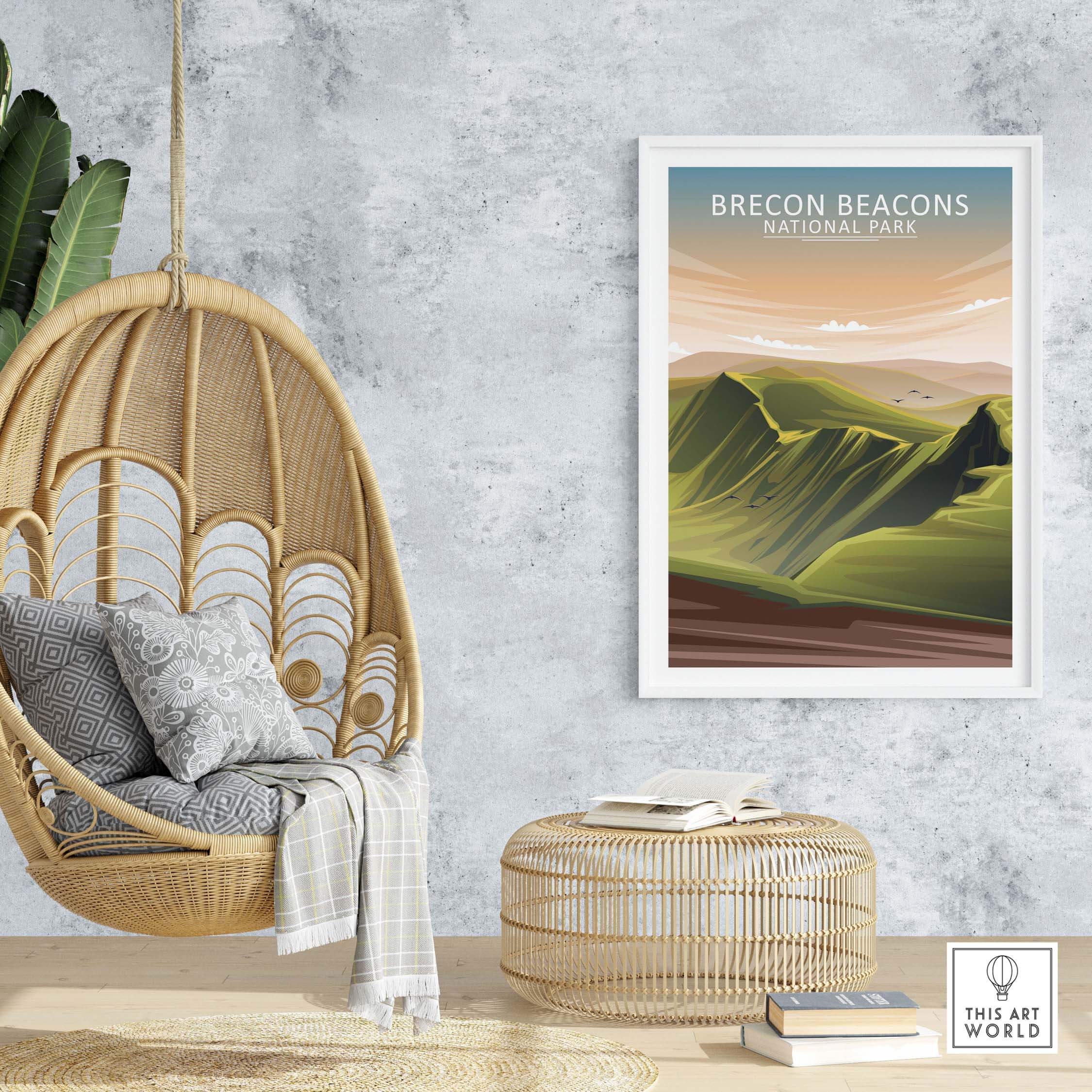 Brecon Beacons National Park poster displayed in a stylish home setting with a hanging chair and contemporary decor.