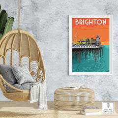 Brighton Print Poster Wall Art framed in a stylish setting with a hanging chair and decorative elements.