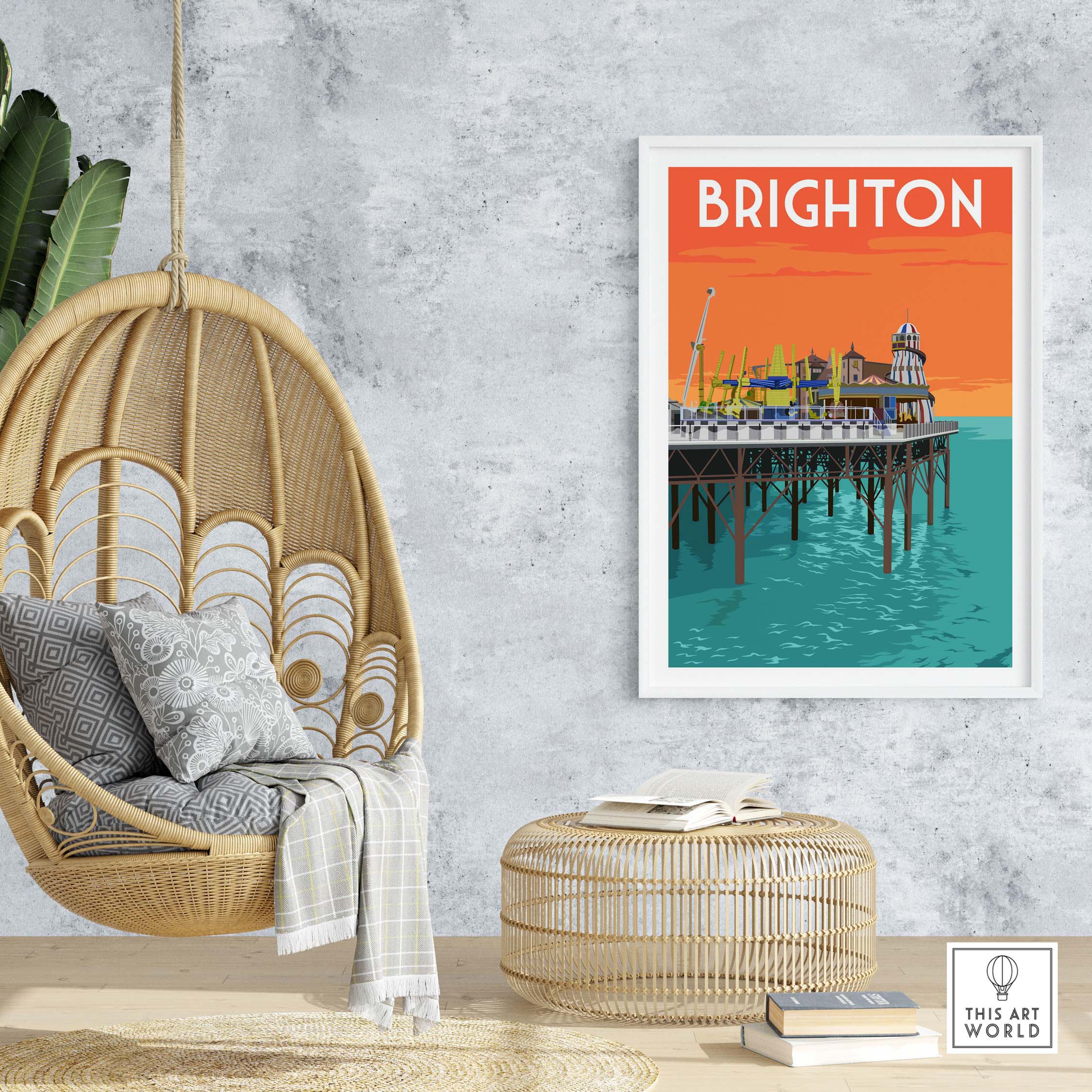 Brighton Print Poster Wall Art framed in a stylish setting with a hanging chair and decorative elements.