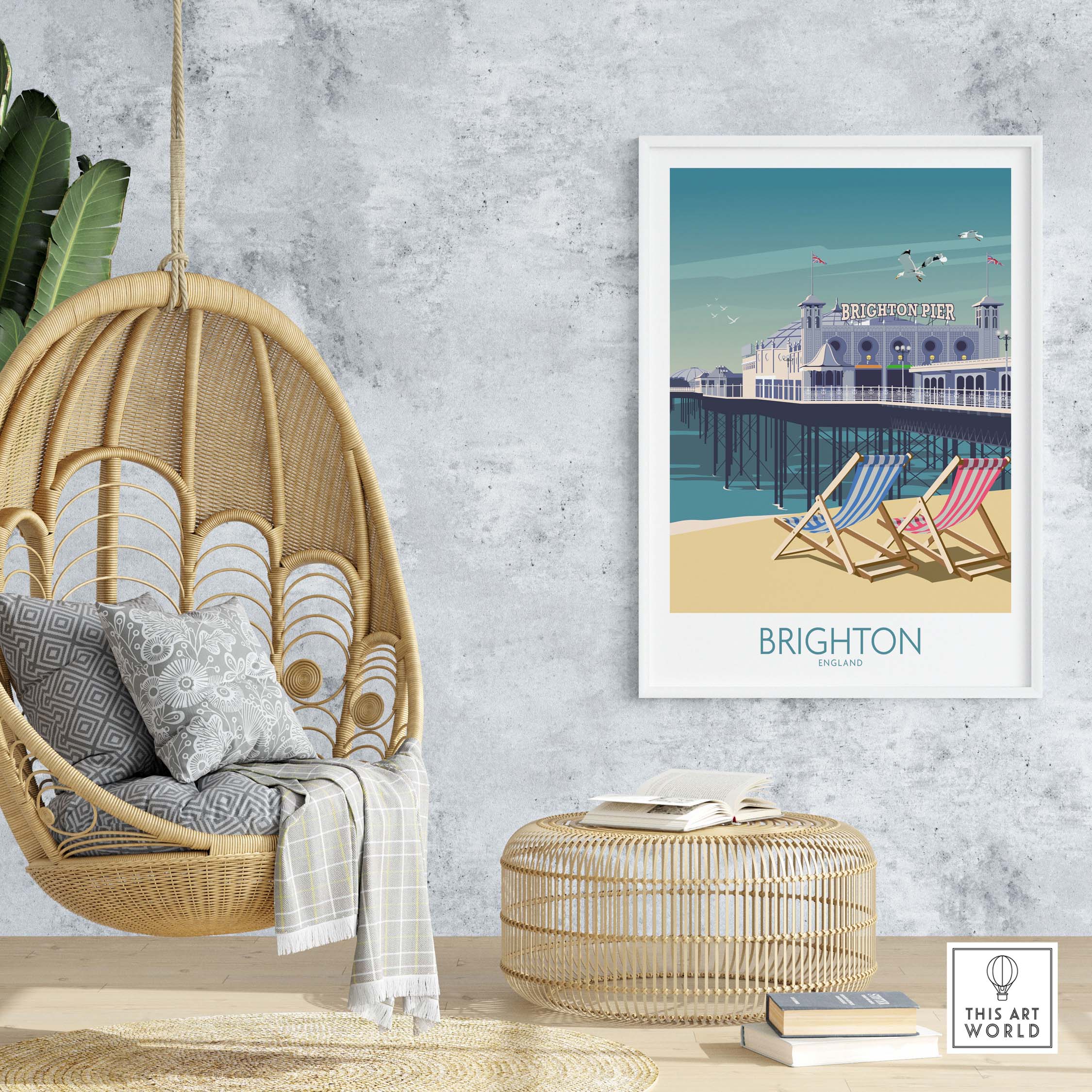 Brighton Print showcasing Brighton Pier with colorful beach chairs in a stylish home setting.