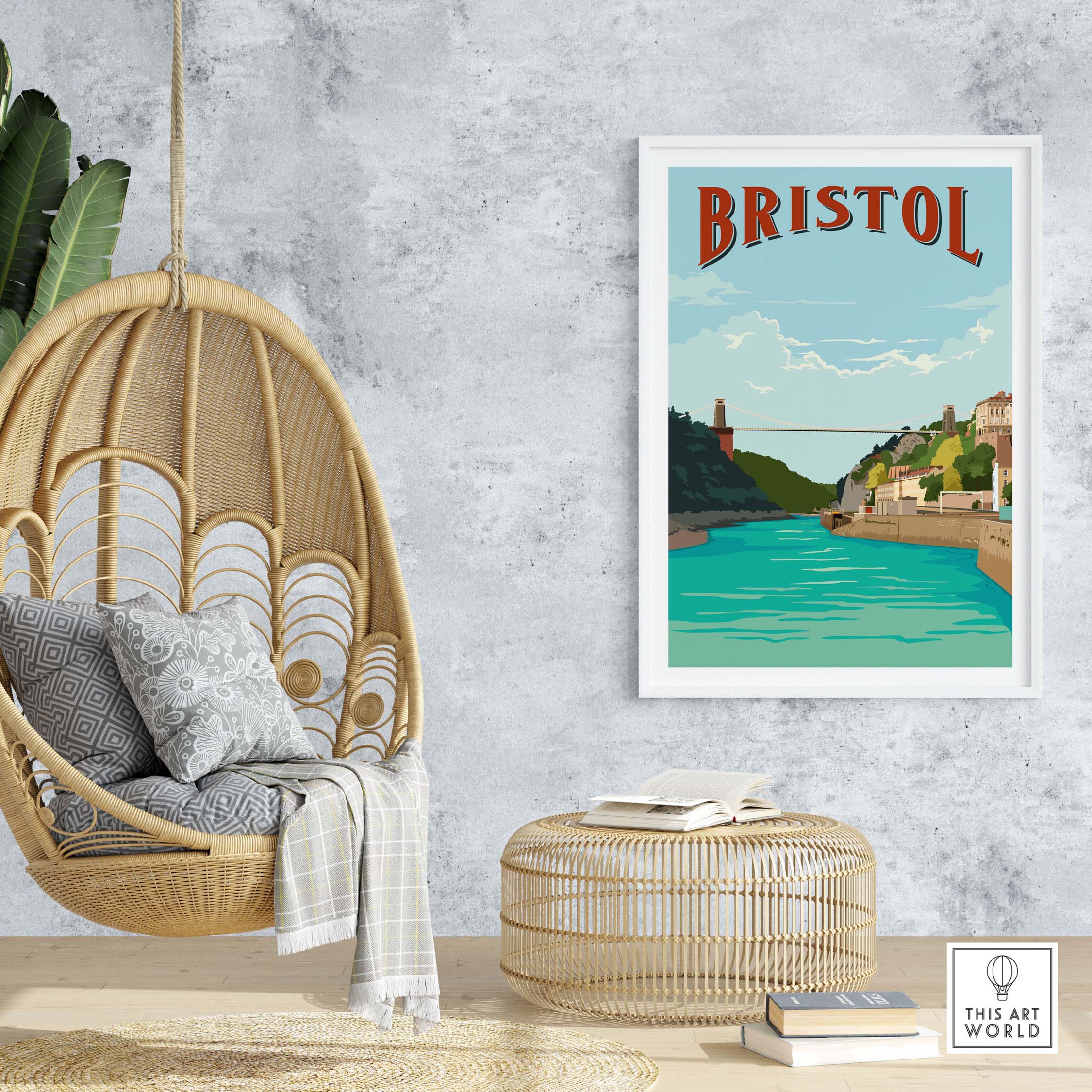 Bristol vintage print poster wall art featuring Clifton Suspension Bridge and river, stylish home decor.