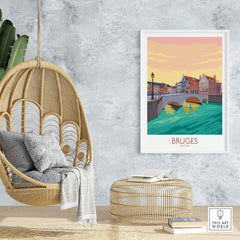 Bruges Belgium travel poster displayed in a stylish home, featuring vintage-inspired artwork and vibrant colors.