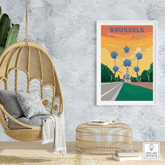 Brussels print travel poster featuring the Atomium, framed artwork in a stylish interior setting.