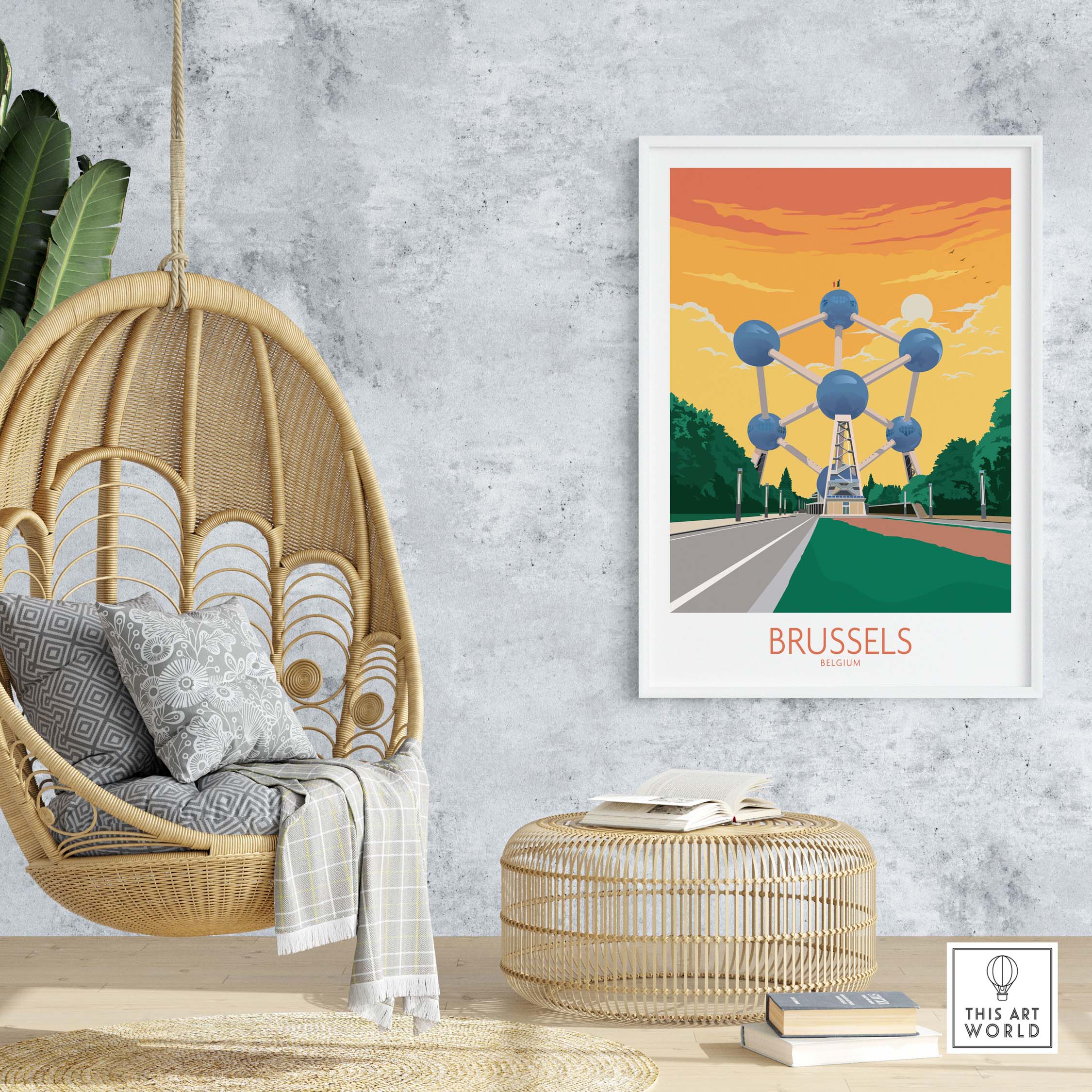 Brussels travel poster featuring the Atomium, stylish wall art for home or office decor.