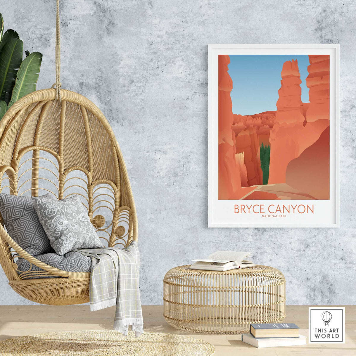 Bryce Canyon National Park art print displayed in a stylish home setting with a hanging chair and natural decor.