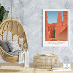 Bryce Canyon National Park art print displayed in a stylish home setting with a hanging chair and natural decor.
