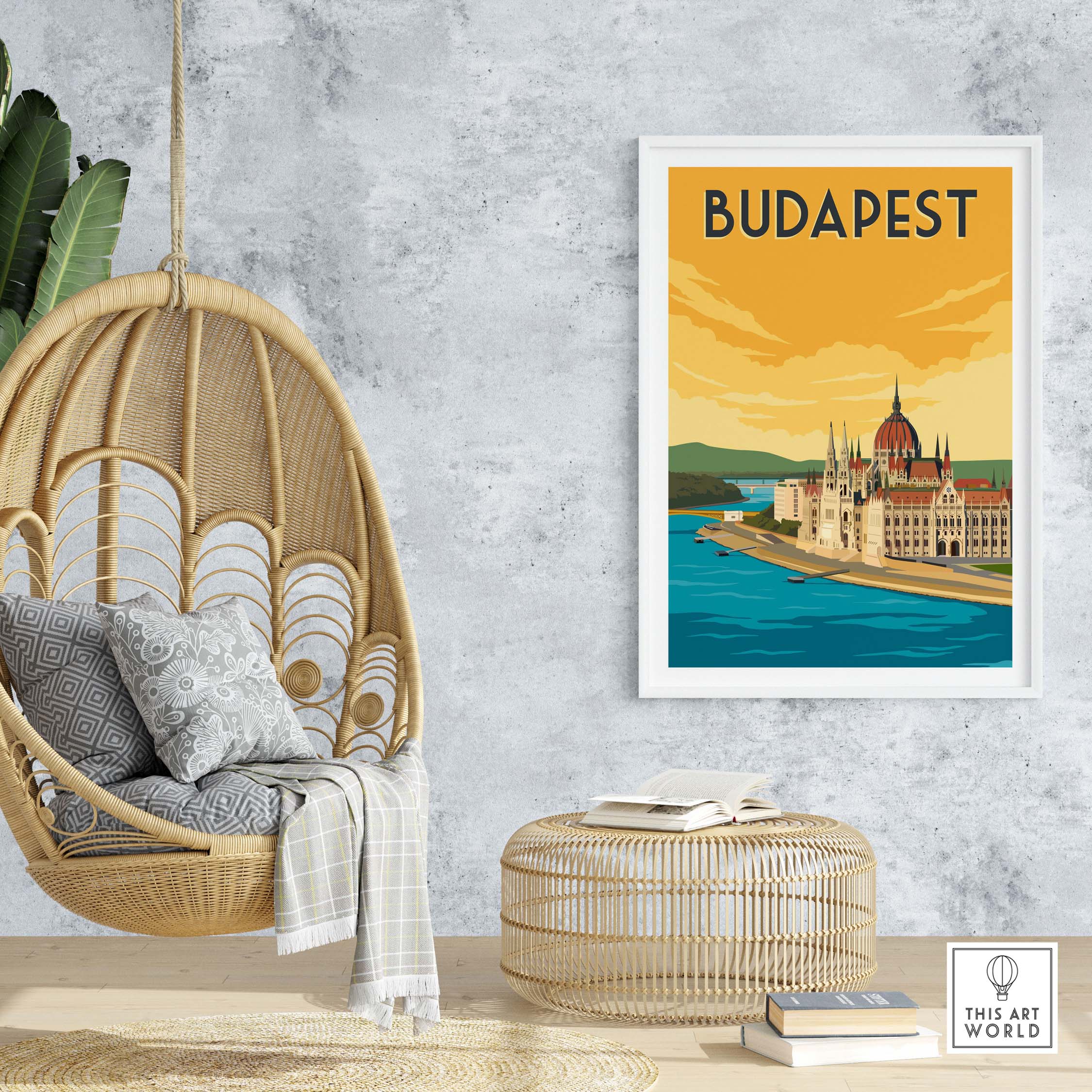 Budapest vintage print poster wall art displayed in a stylish home setting with a hanging chair and rattan furniture.